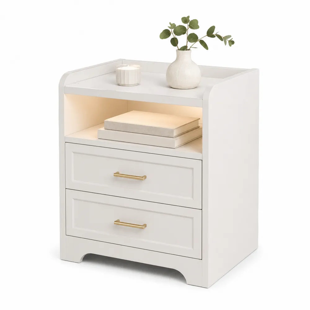 White Wooden 2-Drawer Nightstand with Open Shelf and Brass Handles