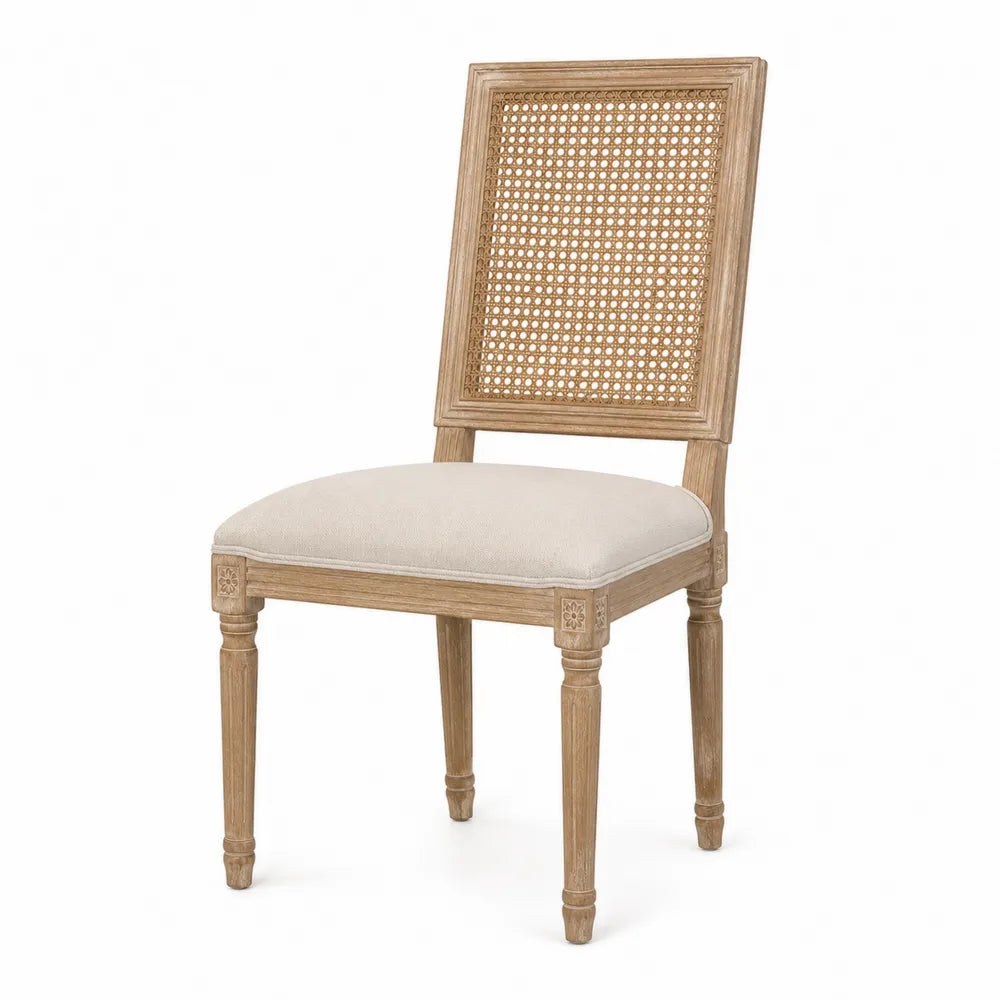 Wooden Dining Chair with Cane Back and Upholstered Seat