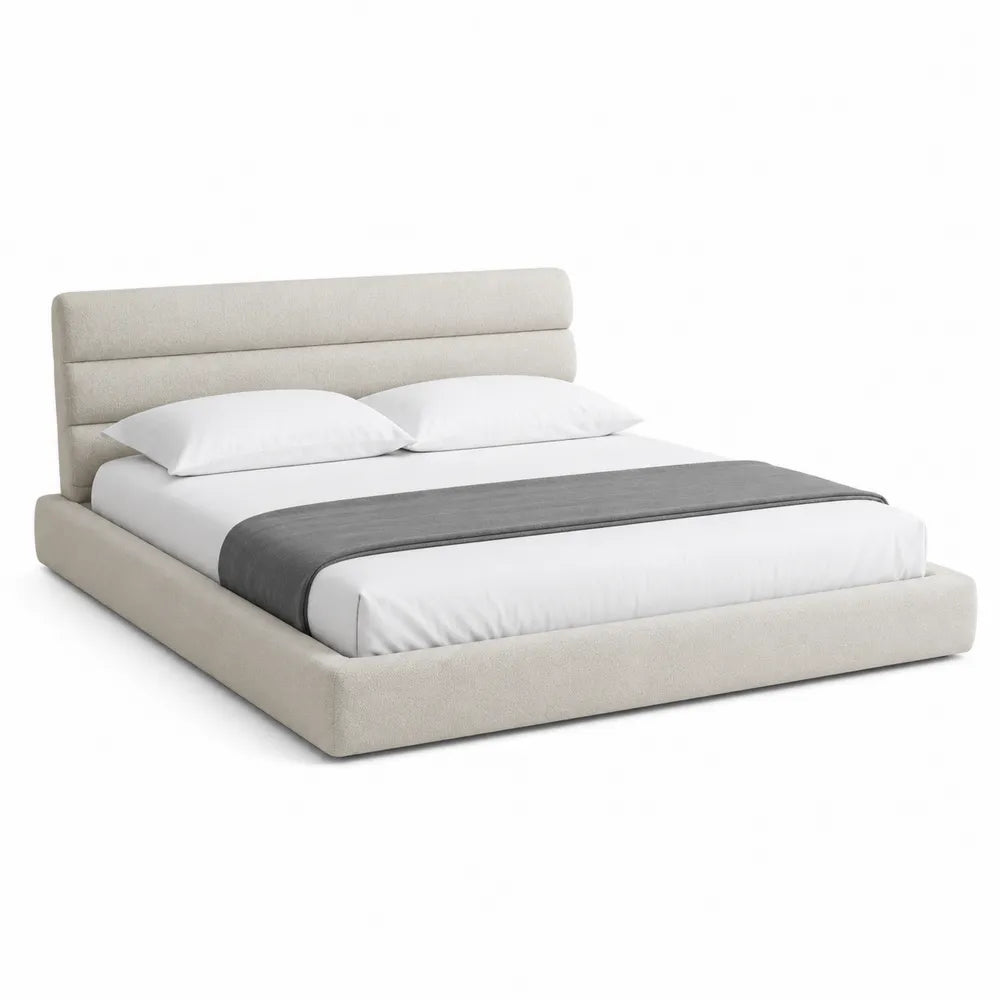 Upholstered Platform Bed King Size Fabric Beige with Headboard