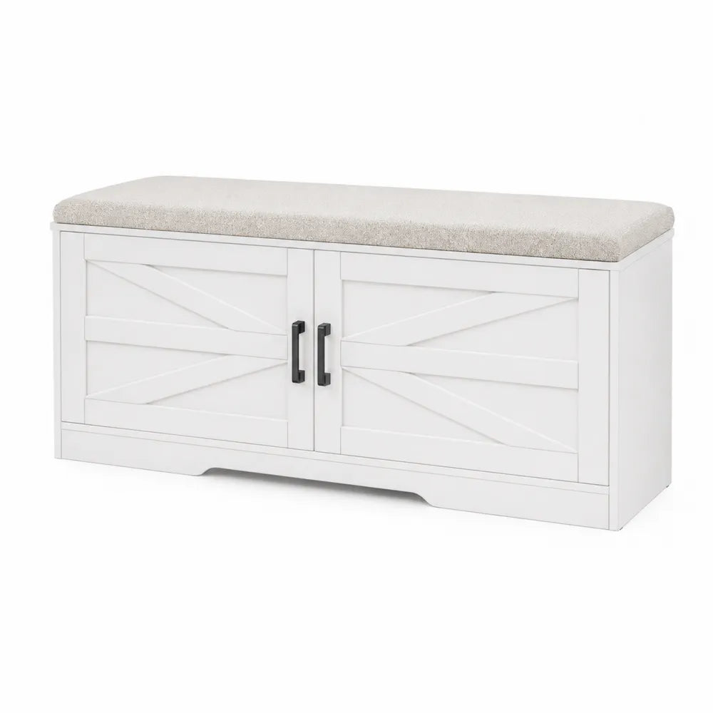 Wood Storage Bench with Fabric Cushion White 92cm