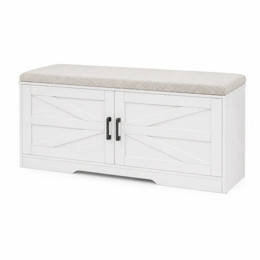 Wood Storage Bench with Fabric Cushion White 92cm